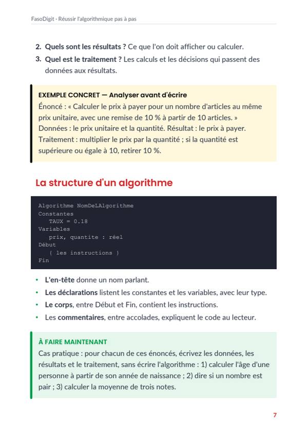 Page d'exemple du guide Réussir l'algorithmique pas à pas