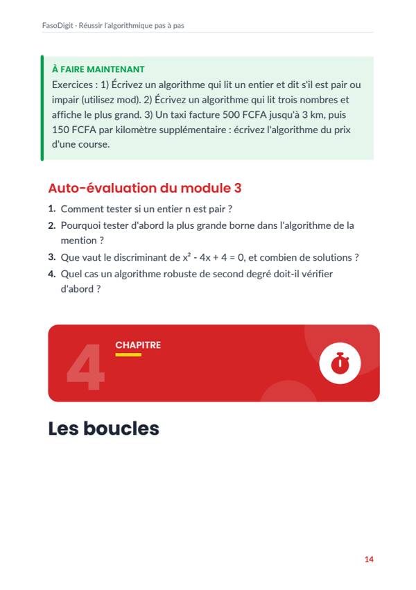 Page d'exemple du guide Réussir l'algorithmique pas à pas