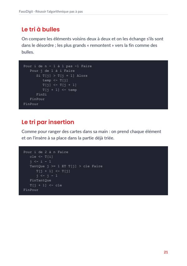 Page d'exemple du guide Réussir l'algorithmique pas à pas
