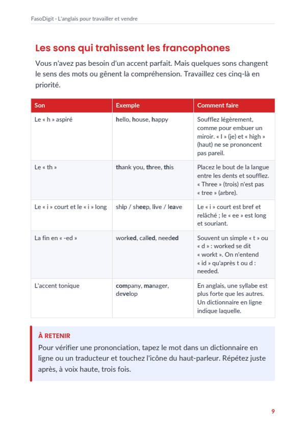 Page d'exemple du guide L'anglais pour travailler et vendre