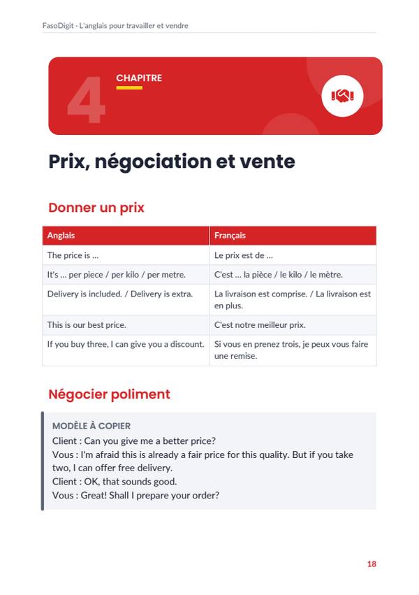 Page d'exemple du guide L'anglais pour travailler et vendre