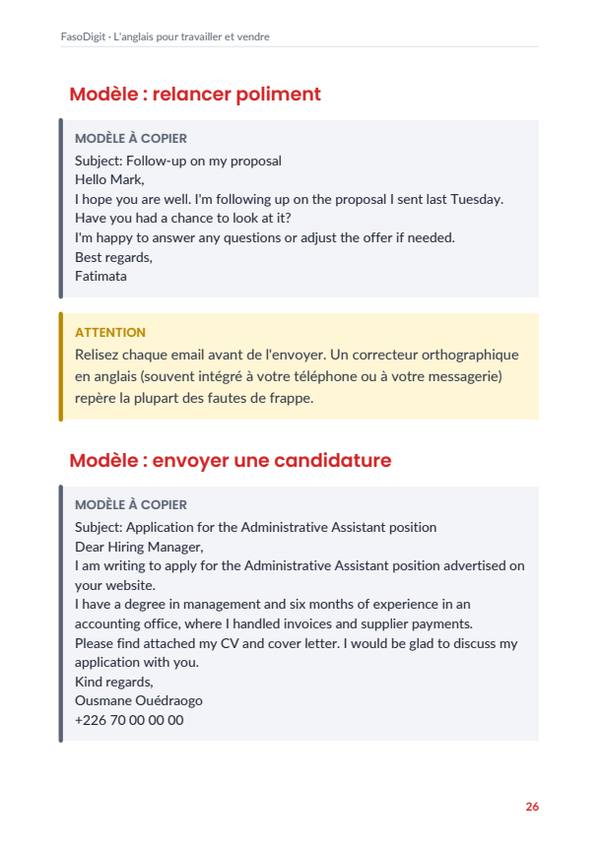 Page d'exemple du guide L'anglais pour travailler et vendre