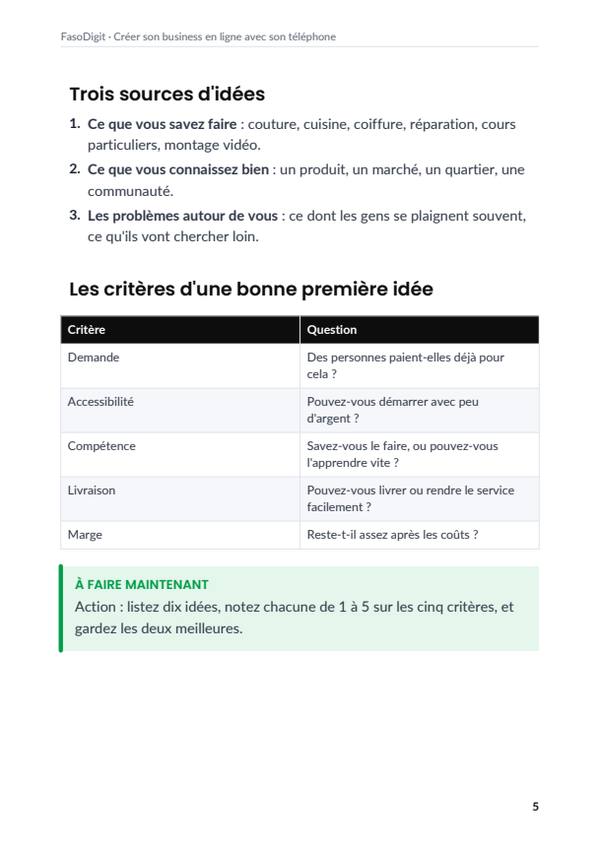 Page d'exemple du guide Créer son business en ligne avec son téléphone