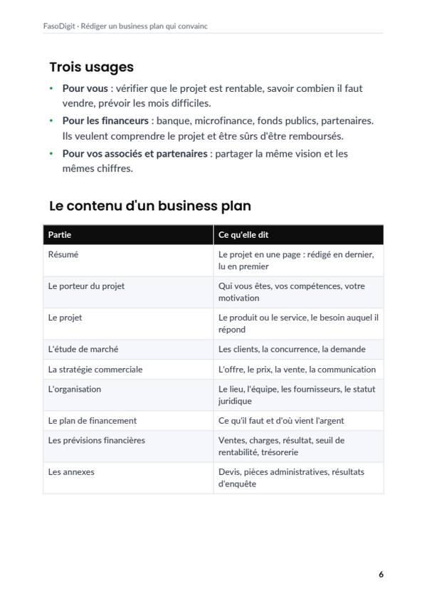 Page d'exemple du guide Rédiger un business plan qui convainc