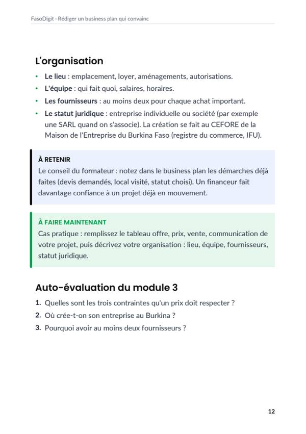 Page d'exemple du guide Rédiger un business plan qui convainc