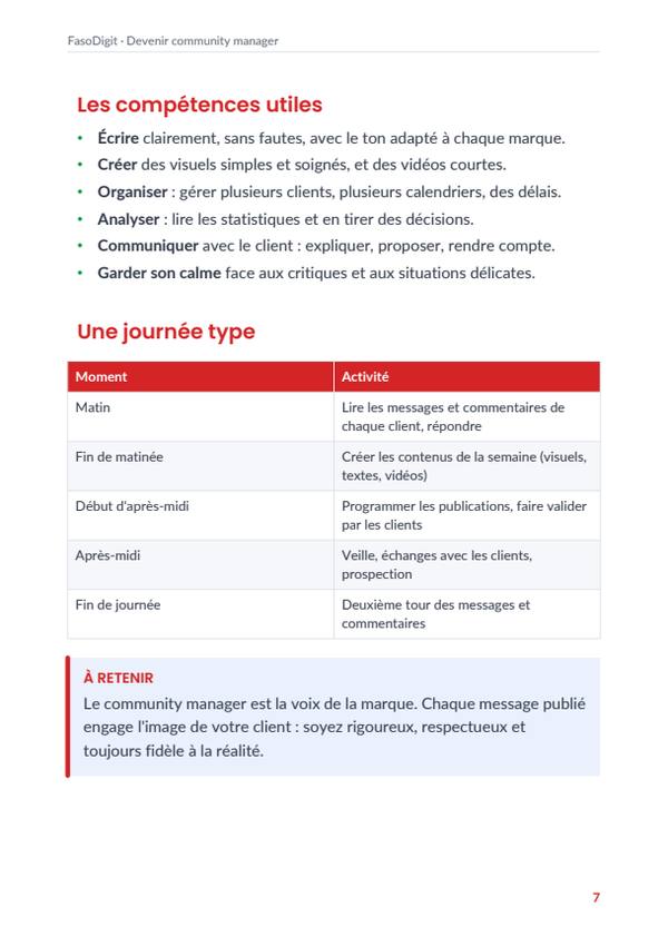 Page d'exemple du guide Devenir community manager