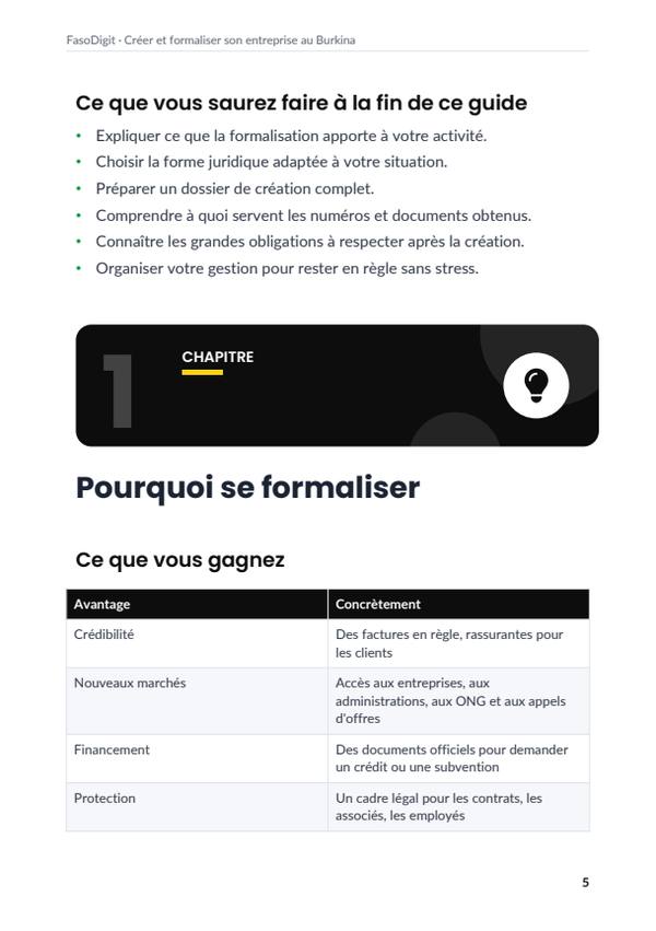 Page d'exemple du guide Créer et formaliser son entreprise au Burkina