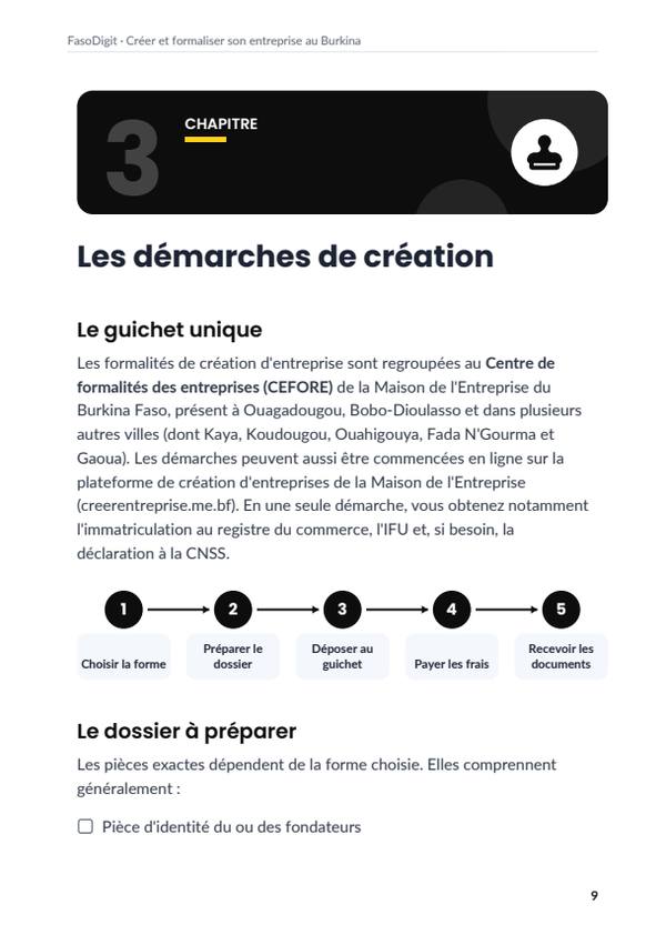 Page d'exemple du guide Créer et formaliser son entreprise au Burkina