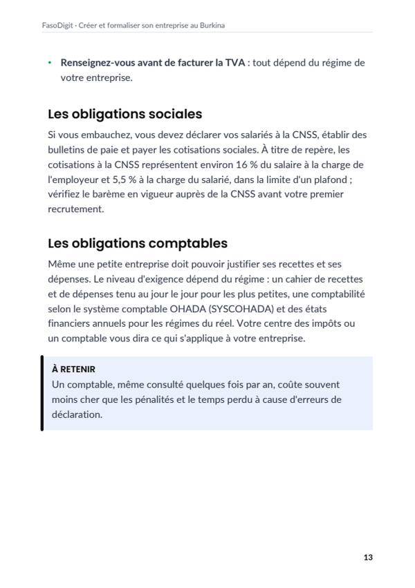 Page d'exemple du guide Créer et formaliser son entreprise au Burkina