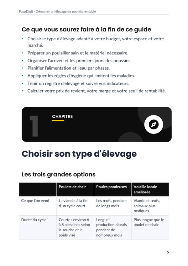 Page d'exemple du guide Démarrer un élevage de poulets rentable
