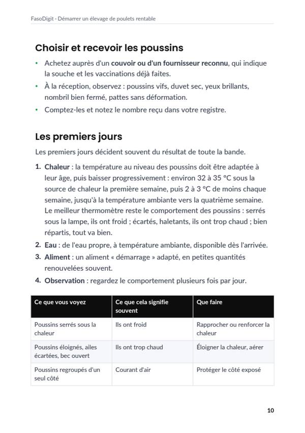 Page d'exemple du guide Démarrer un élevage de poulets rentable