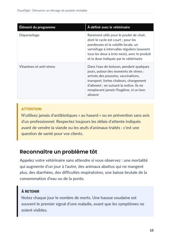 Page d'exemple du guide Démarrer un élevage de poulets rentable