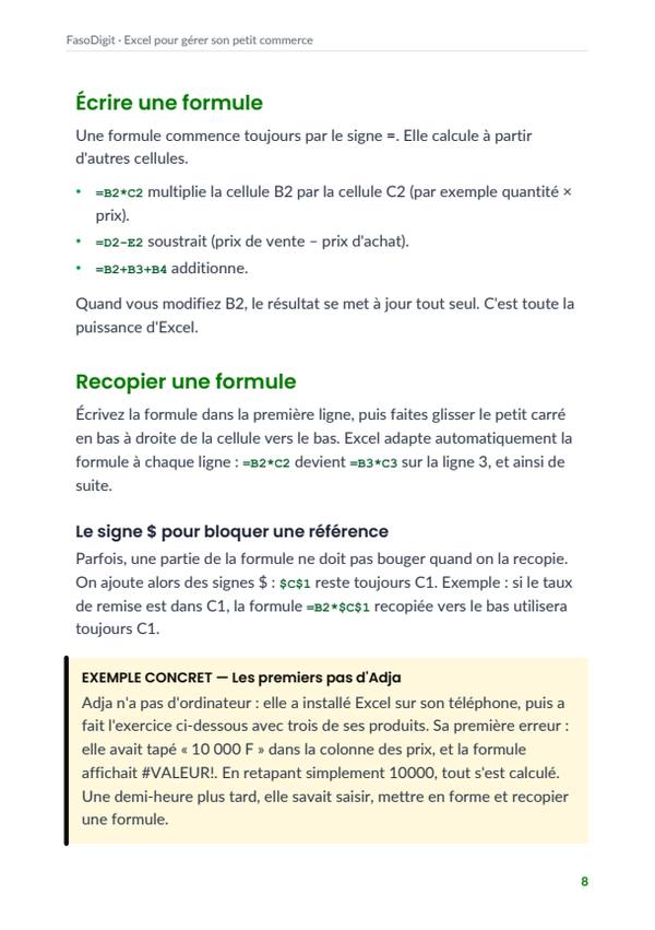 Page d'exemple du guide Excel pour gérer son petit commerce
