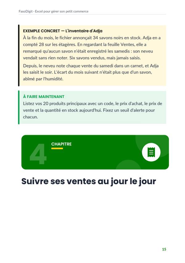 Page d'exemple du guide Excel pour gérer son petit commerce