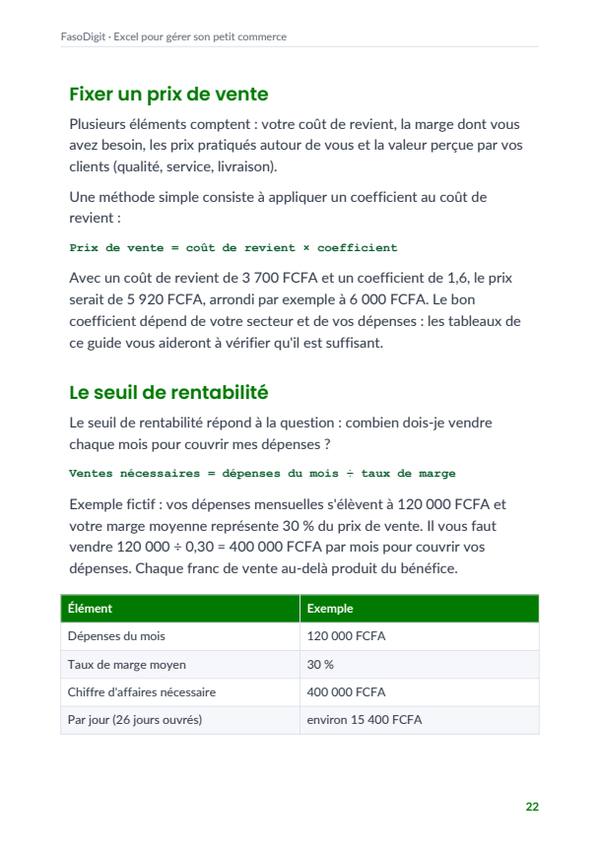 Page d'exemple du guide Excel pour gérer son petit commerce