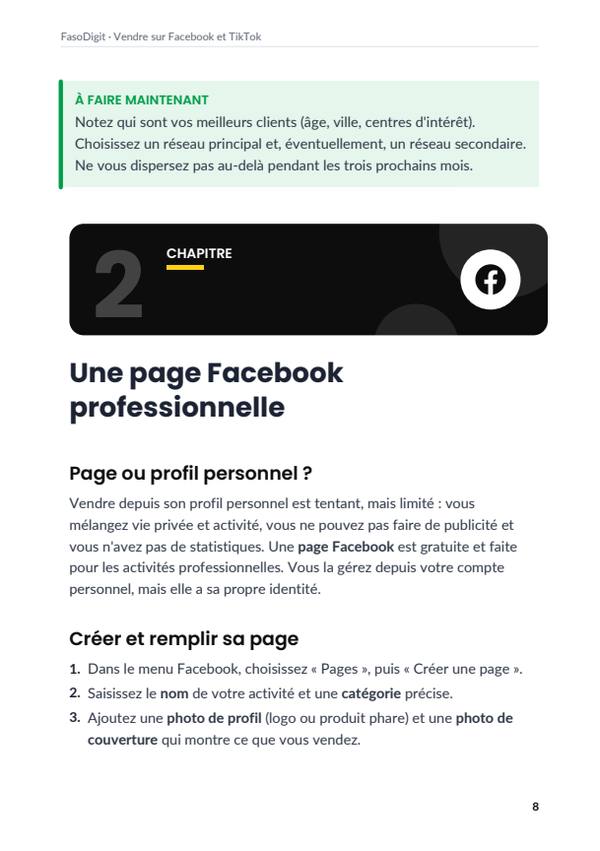 Page d'exemple du guide Vendre sur Facebook et TikTok