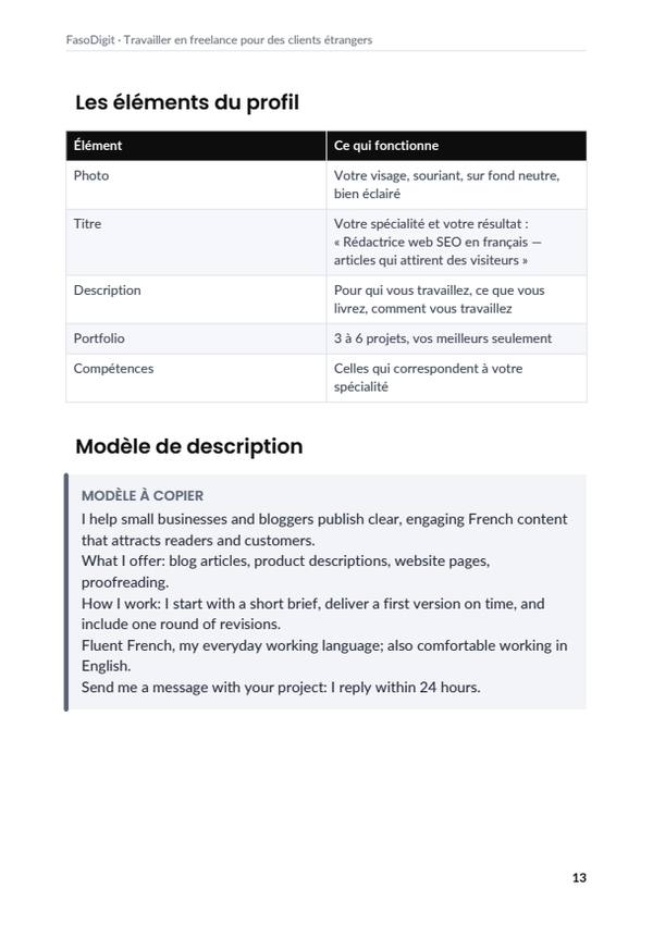 Page d'exemple du guide Travailler en freelance pour des clients étrangers