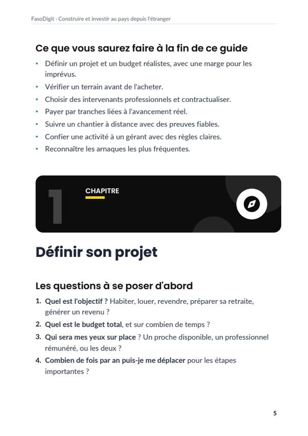 Page d'exemple du guide Construire et investir au pays depuis l'étranger