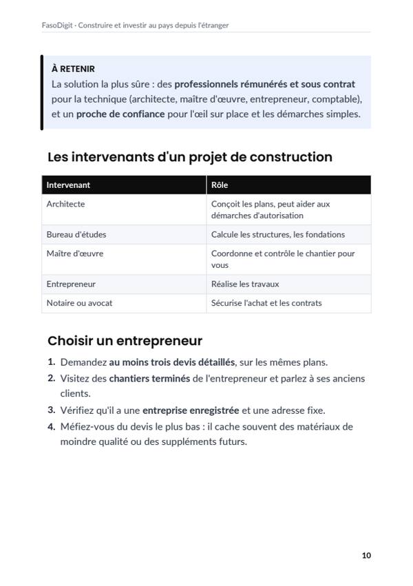 Page d'exemple du guide Construire et investir au pays depuis l'étranger
