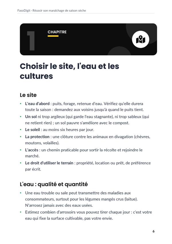 Page d'exemple du guide Réussir son maraîchage de saison sèche