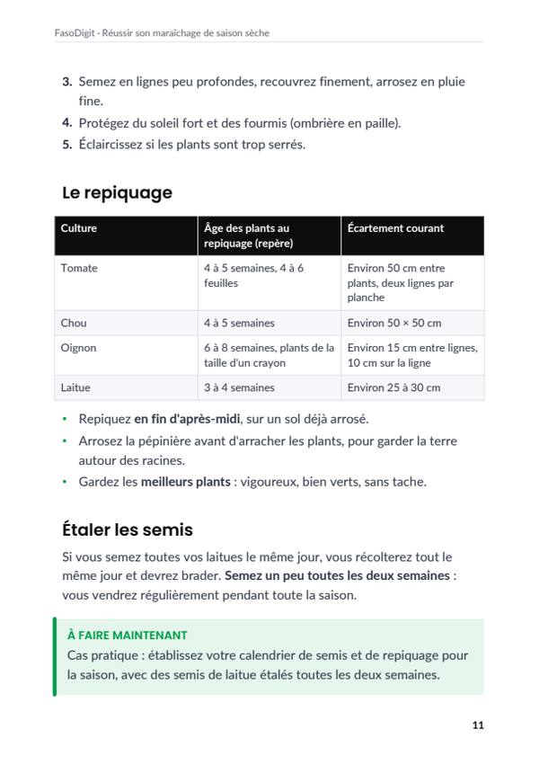 Page d'exemple du guide Réussir son maraîchage de saison sèche