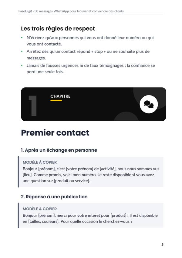 Page d'exemple du guide 50 messages WhatsApp pour trouver et convaincre des clients