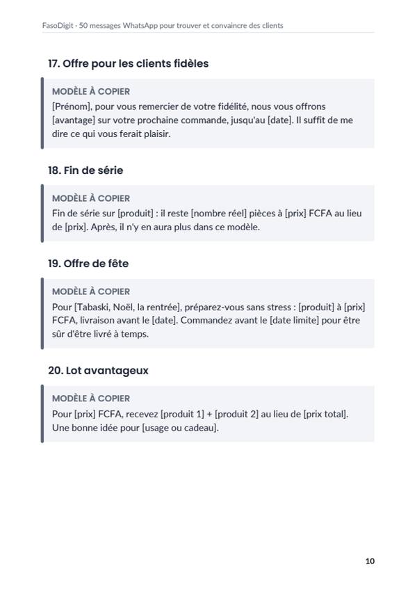 Page d'exemple du guide 50 messages WhatsApp pour trouver et convaincre des clients