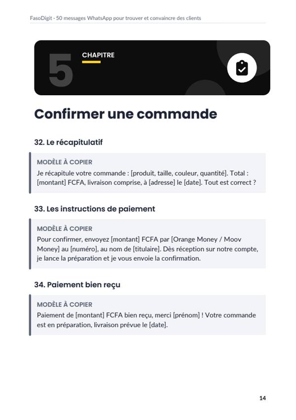 Page d'exemple du guide 50 messages WhatsApp pour trouver et convaincre des clients