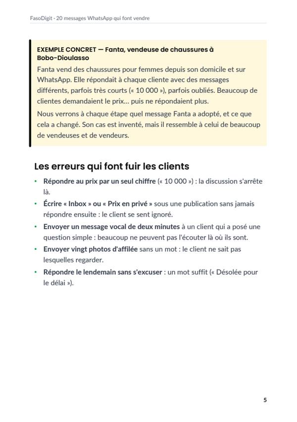 Page d'exemple du guide 20 messages WhatsApp qui font vendre