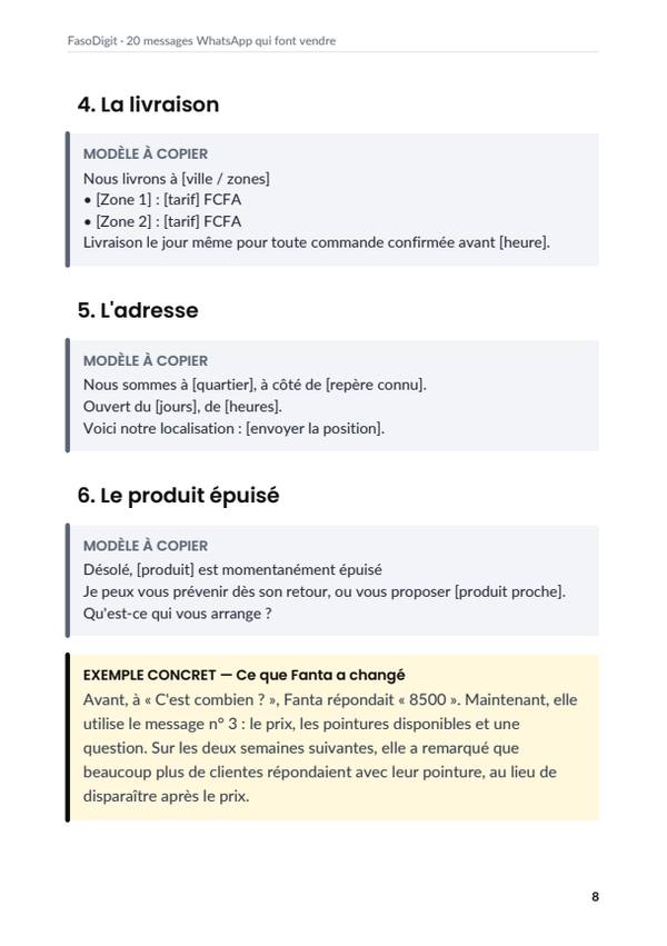 Page d'exemple du guide 20 messages WhatsApp qui font vendre