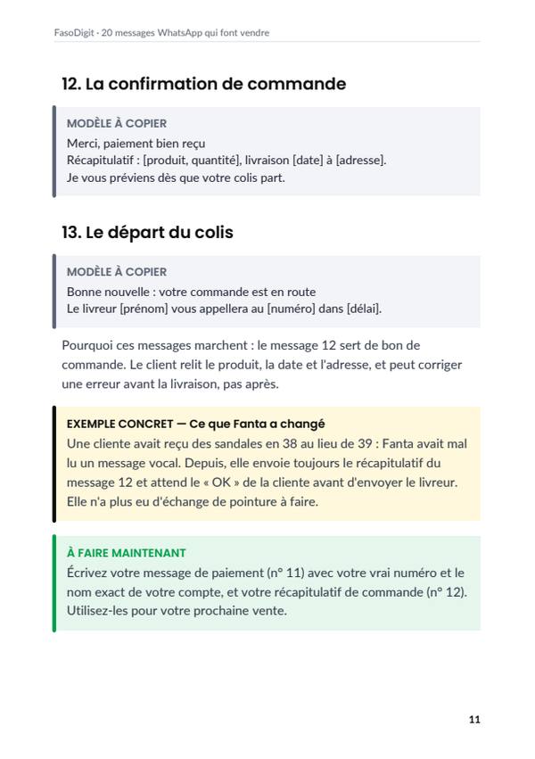 Page d'exemple du guide 20 messages WhatsApp qui font vendre