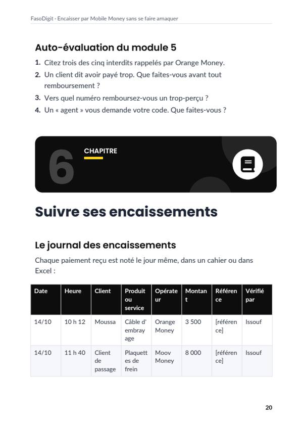 Page d'exemple du guide Encaisser par Mobile Money sans se faire arnaquer