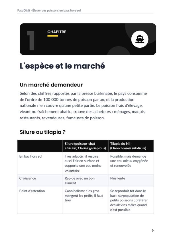 Page d'exemple du guide Élever des poissons en bacs hors sol