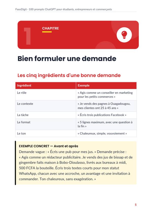 Page d'exemple du guide 100 prompts ChatGPT pour étudiants, entrepreneurs et commerçants