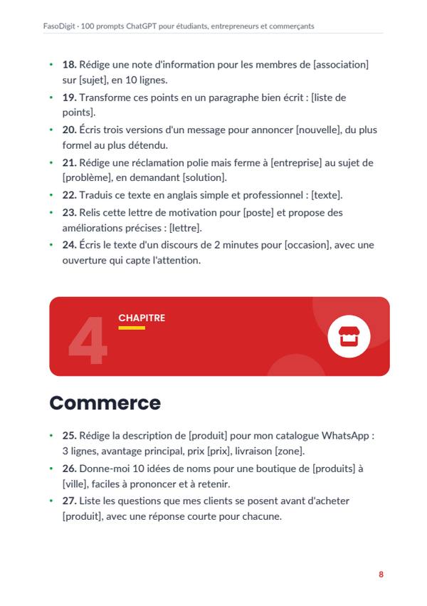 Page d'exemple du guide 100 prompts ChatGPT pour étudiants, entrepreneurs et commerçants