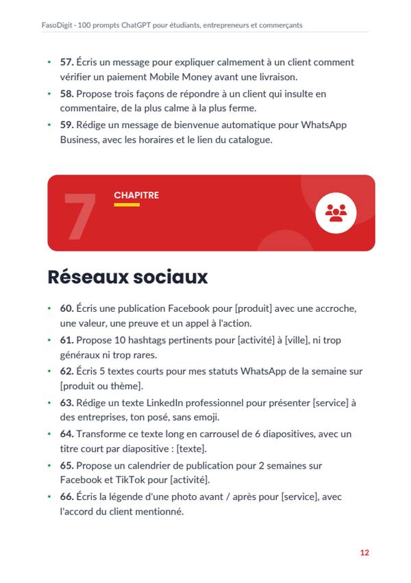Page d'exemple du guide 100 prompts ChatGPT pour étudiants, entrepreneurs et commerçants