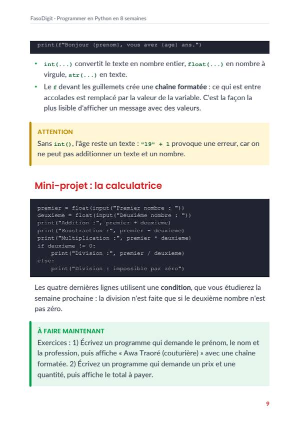 Page d'exemple du guide Programmer en Python en 8 semaines