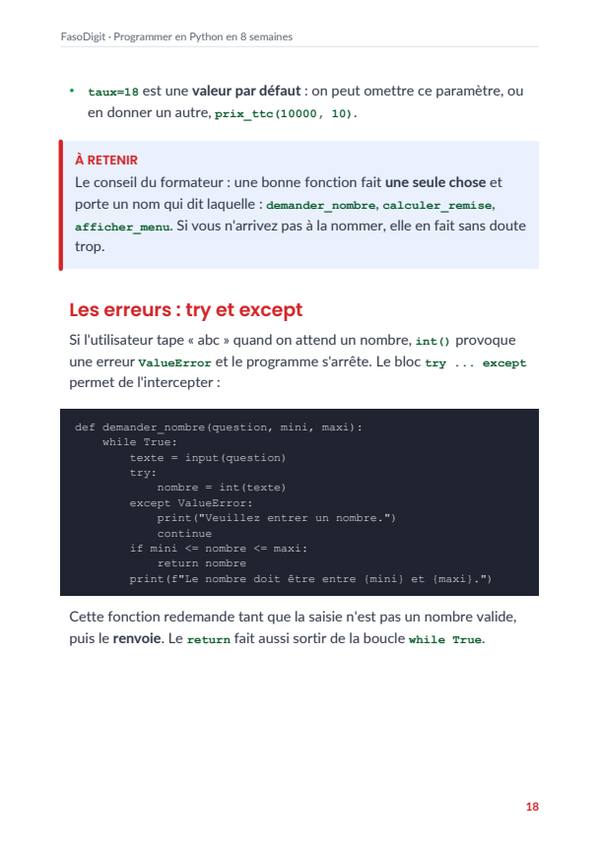 Page d'exemple du guide Programmer en Python en 8 semaines