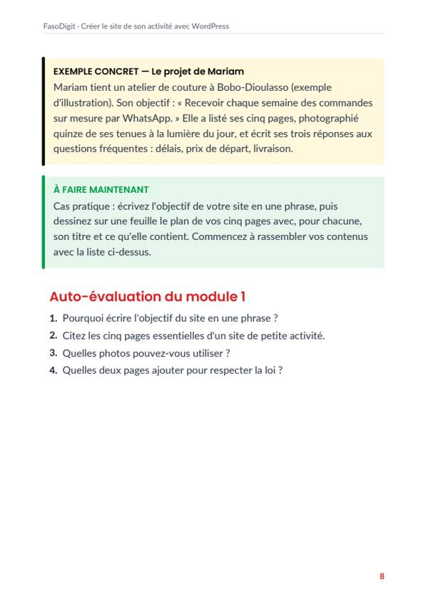 Page d'exemple du guide Créer le site de son activité avec WordPress