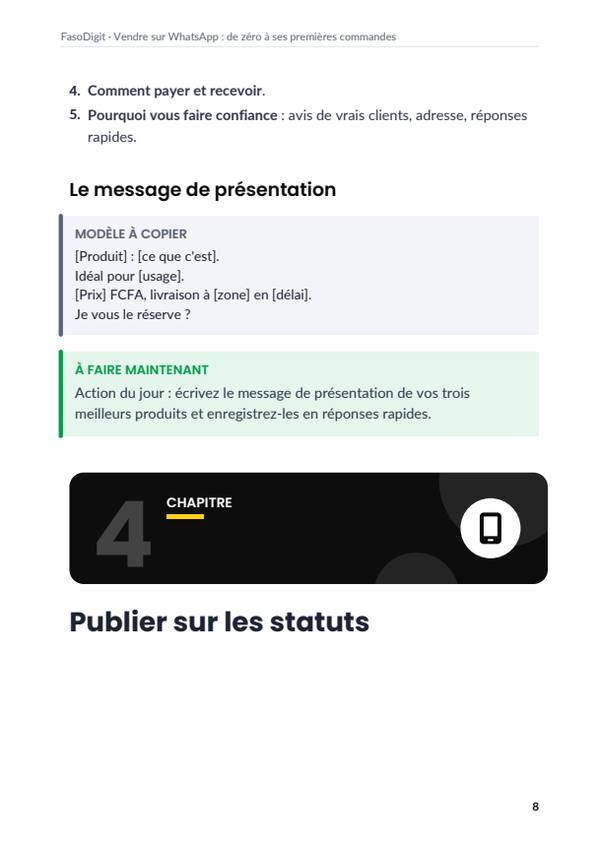 Page d'exemple du guide Vendre sur WhatsApp : de zéro à ses premières commandes