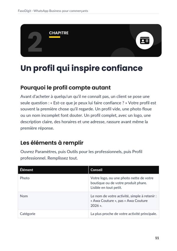 Page d'exemple du guide WhatsApp Business pour commerçants