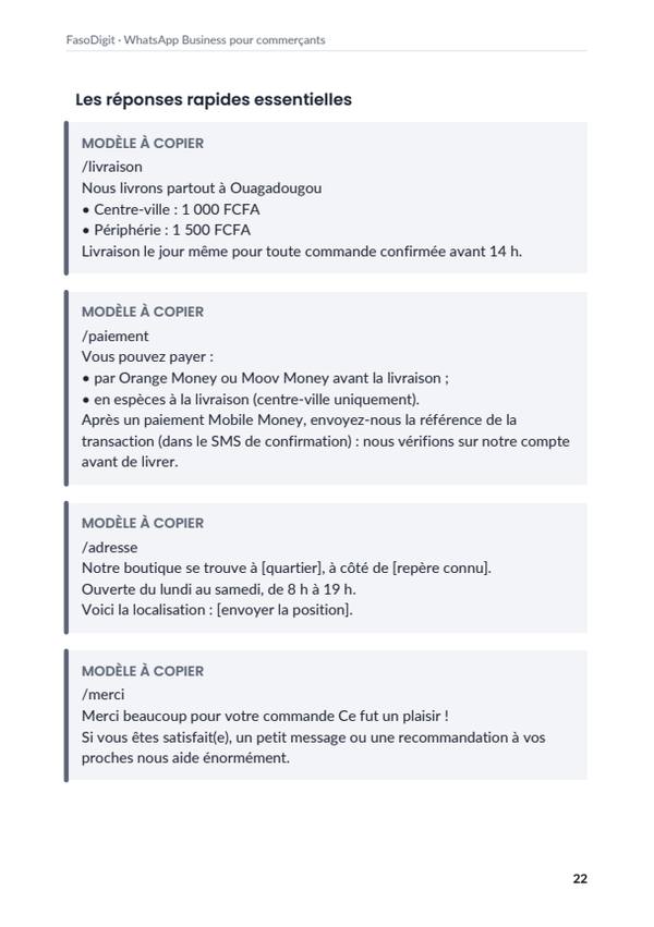 Page d'exemple du guide WhatsApp Business pour commerçants