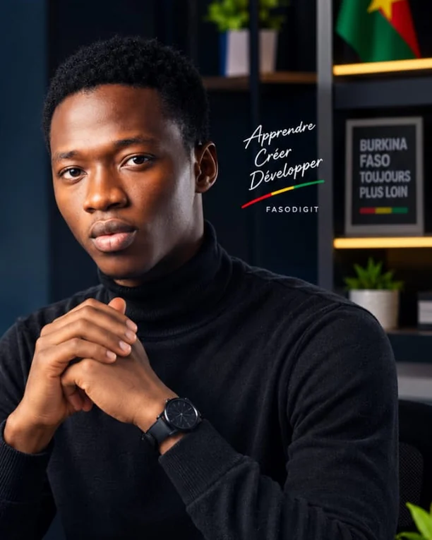 Portrait de Legma Parfait, en col roulé noir, dans un bureau avec le drapeau du Burkina Faso