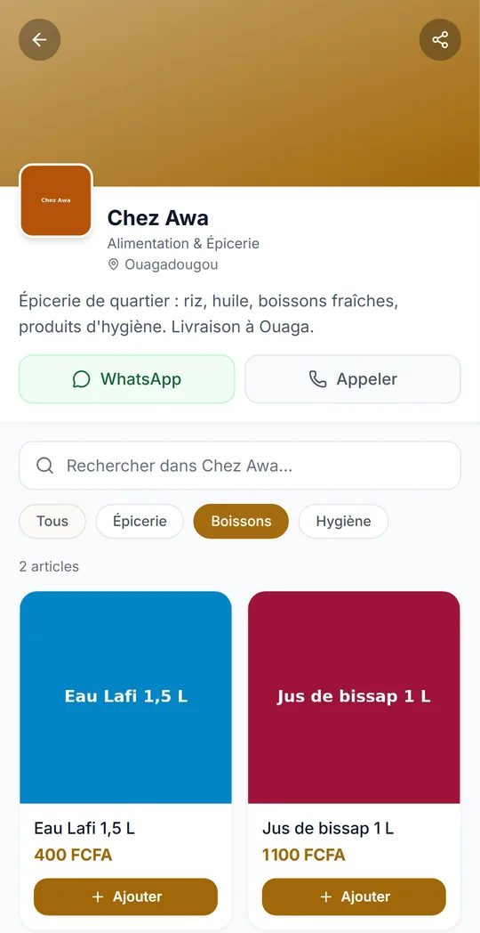 Boutique en ligne d'une épicerie : rayons, recherche, bouton WhatsApp
