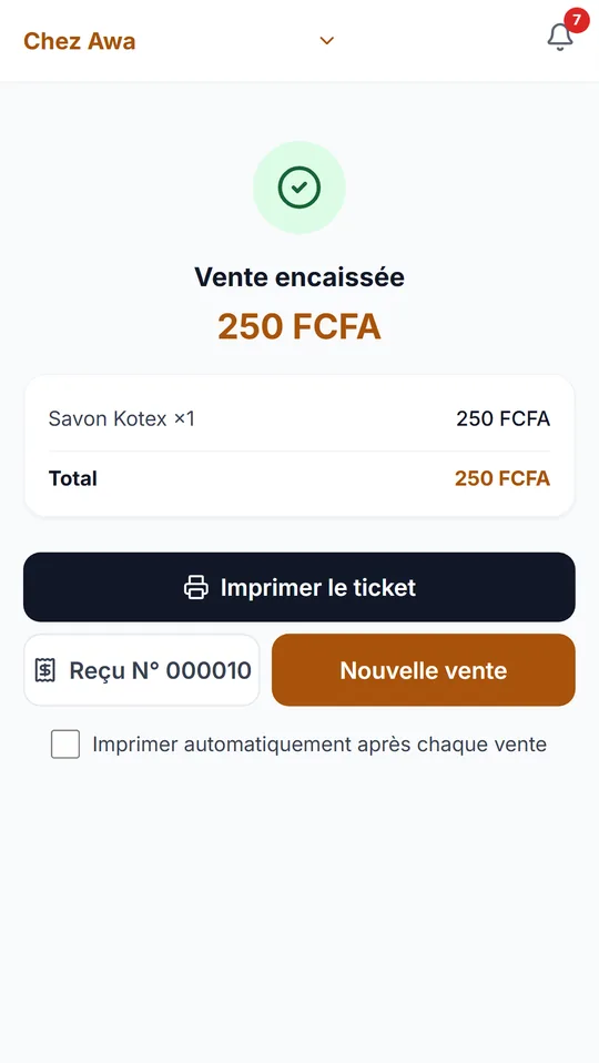 Écran de caisse de FasoCommerce après une vente encaissée, avec impression du ticket