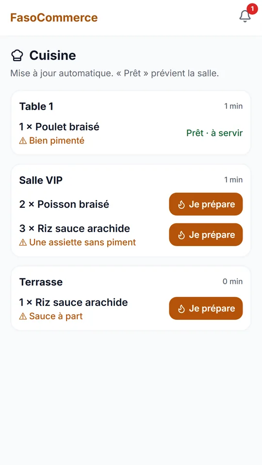 Écran cuisine d'un restaurant : commandes par table et statut de préparation