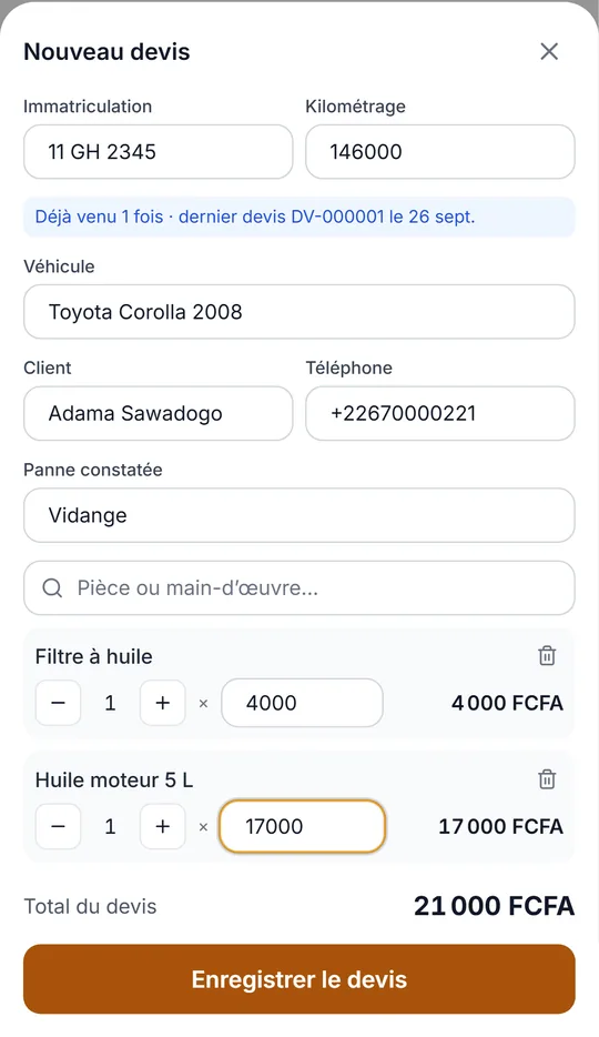 Création d'un devis de garage : véhicule, pièces, main-d'œuvre, total