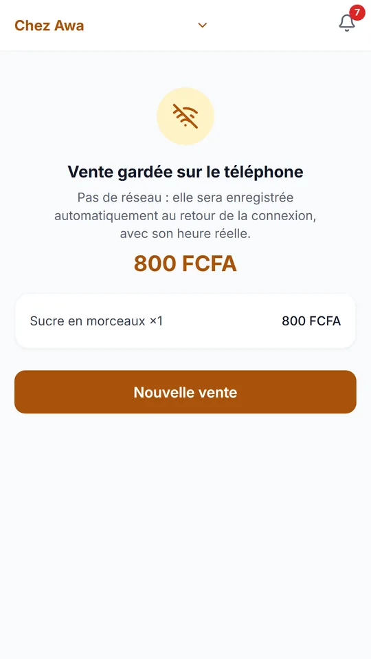 Vente enregistrée sur le téléphone sans réseau, synchronisée plus tard