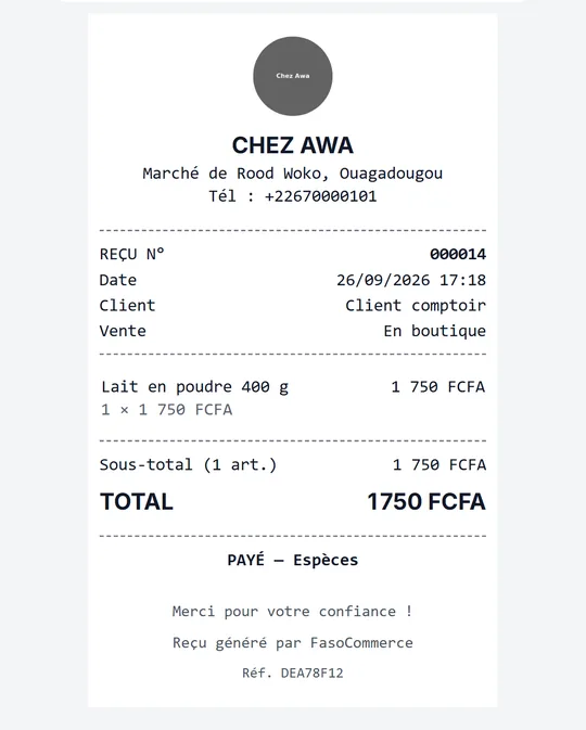 Ticket de caisse au format 80 mm prêt à imprimer ou à envoyer par WhatsApp